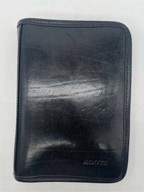 ROOTS VINTAGE 1990s Black Smooth Leather Organizer Day Planner Agenda Bind Cover